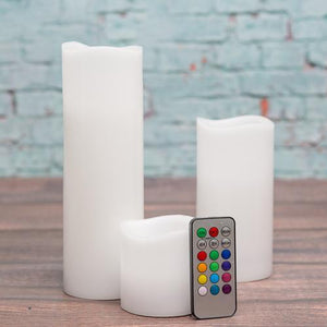1 of 2: Richland Flameless LED Remote Control Wavy Top Pillar Candle White 3"x3", 3"x6", 3"x9" Set o