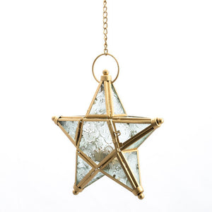 1 of 2: Richland Hanging Star Metal Tealight Lantern Gold with Clear Embossed Glass