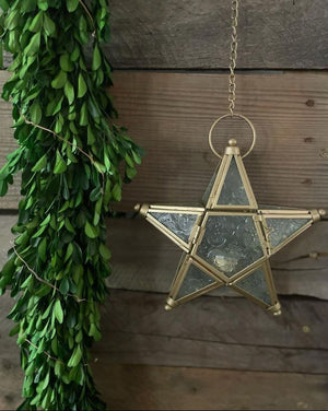 2 of 2: Richland Hanging Star Metal Tealight Lantern Gold with Clear Embossed Glass