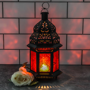 Richland Hanging Moroccan Metal Lantern with Red Embossed Glass