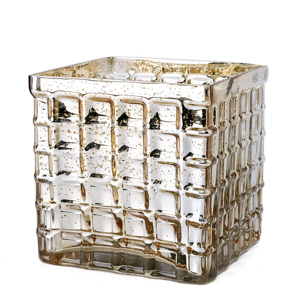 Gold Mercury Mosaic Glass Cube 6" - Square Vase & Candle Holder| 