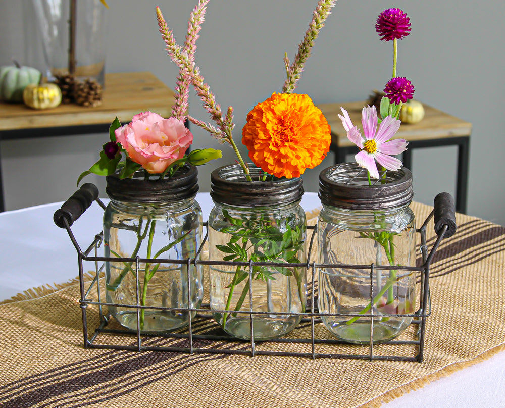 Wire Basket with 3 Glass Mason Jars with Frog Lids| 