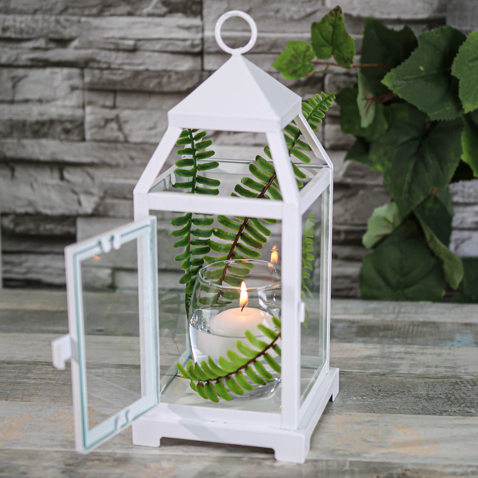 Richland White Contemporary Metal Lantern with Clear Glasses - Small| 91012_01
