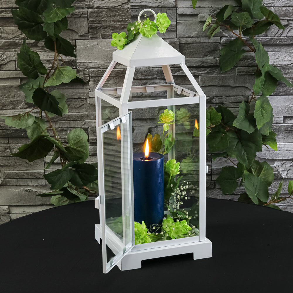 Richland White Contemporary Metal Lantern with Clear Glasses - Large -  Candles4Less, image size:1000x1000