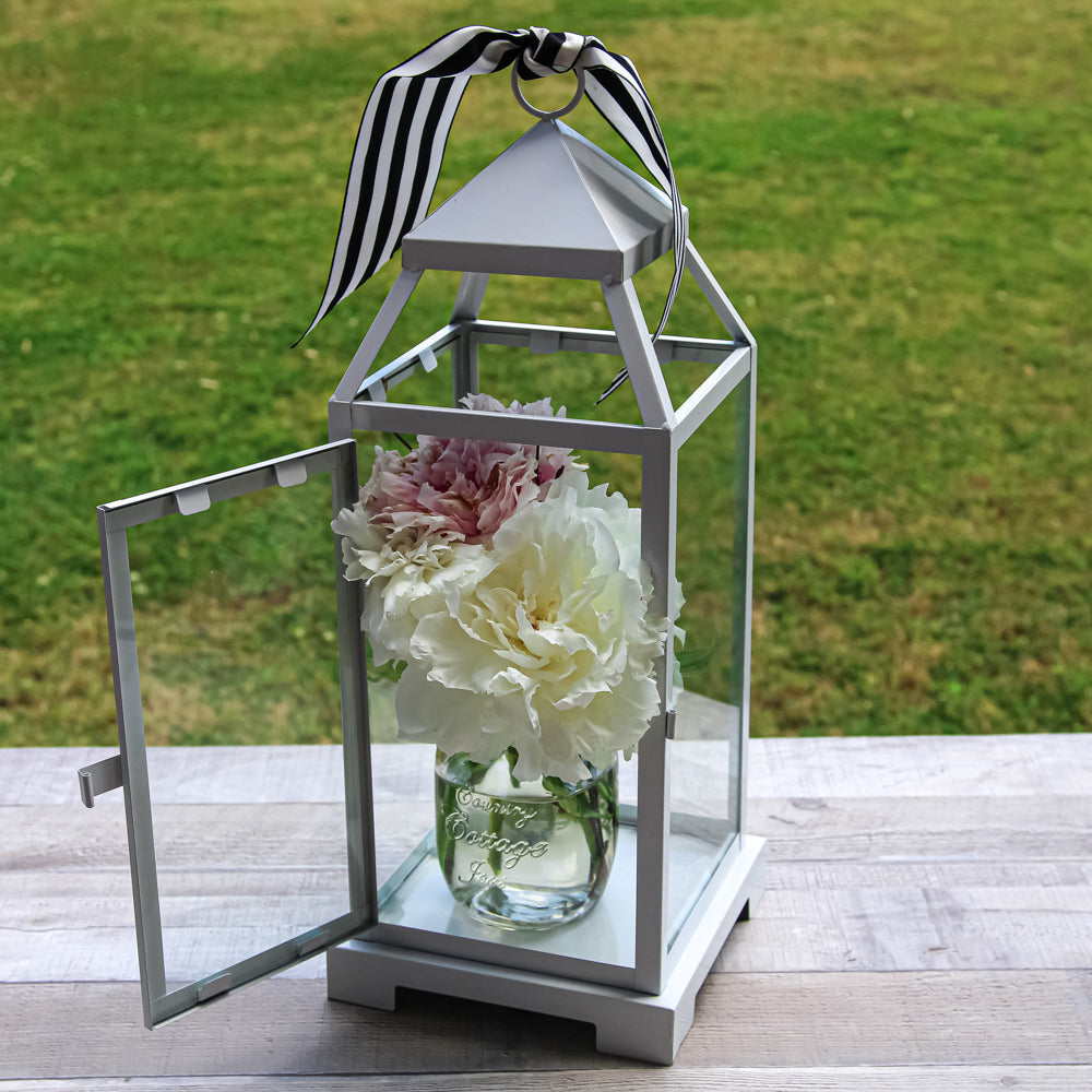 Richland White Contemporary Metal Lantern with Clear Glasses - Large| 91013_01