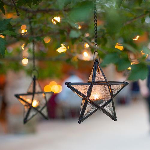 richland hanging star metal tealight lantern with clear embossed glass| 