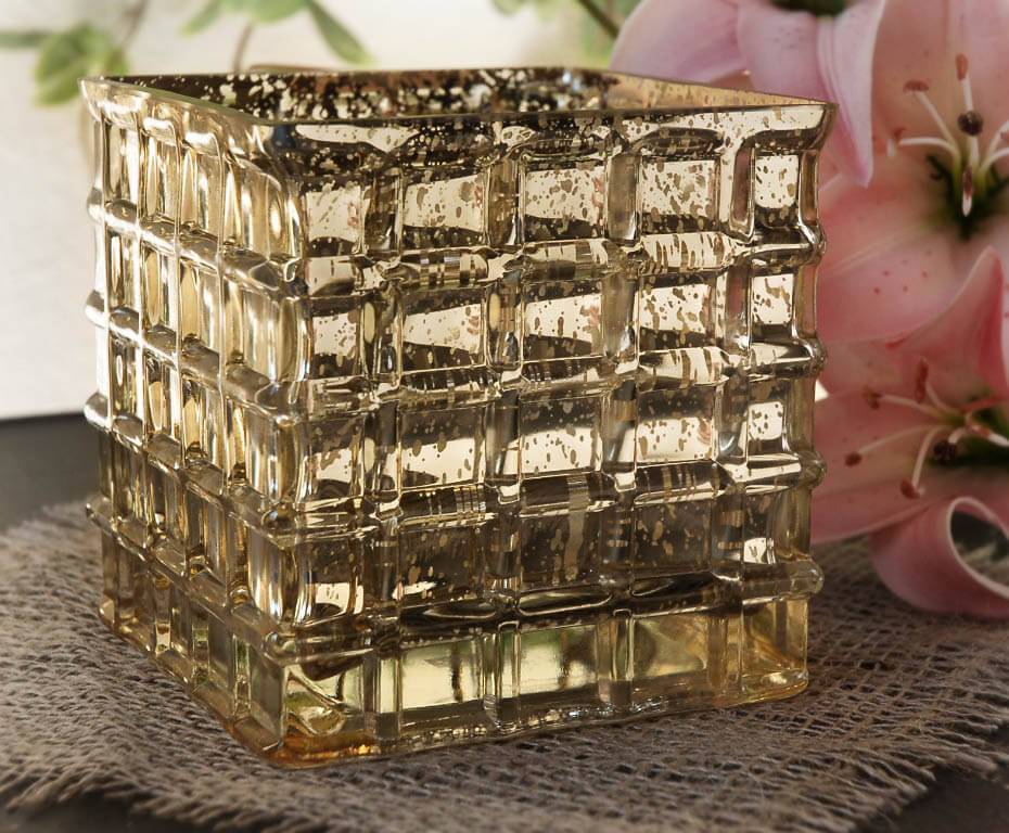 Gold Mercury Glass 4-3/4" Cube Vase & Candle Holder