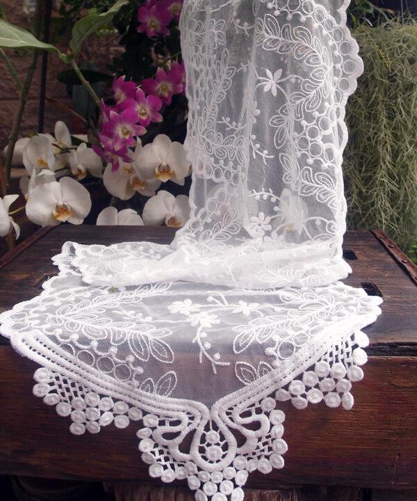 white soft embroidered lace tulle 12in runner and chair sash 74in long