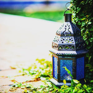 Richland Hanging Moroccan Metal Lantern with Blue Embossed Glass