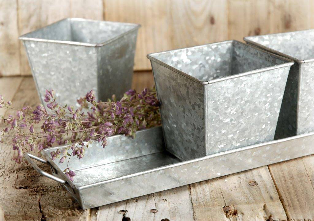 galvanized 3 herb pots tray 14in