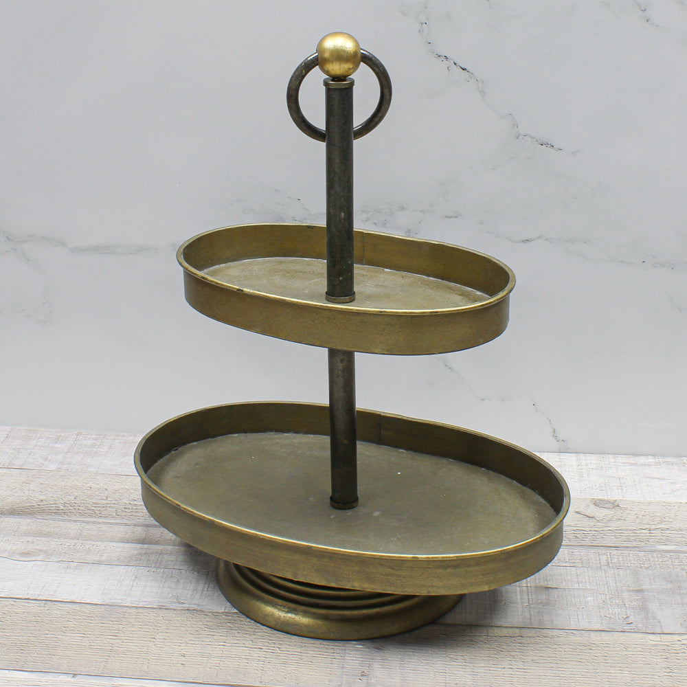 2-Tier Antiqued Gold Pedestal Tray  15x12