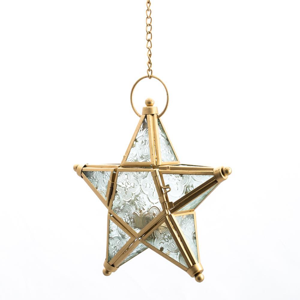 Richland Hanging Star Metal Tealight Lantern Gold with Clear Embossed Glass