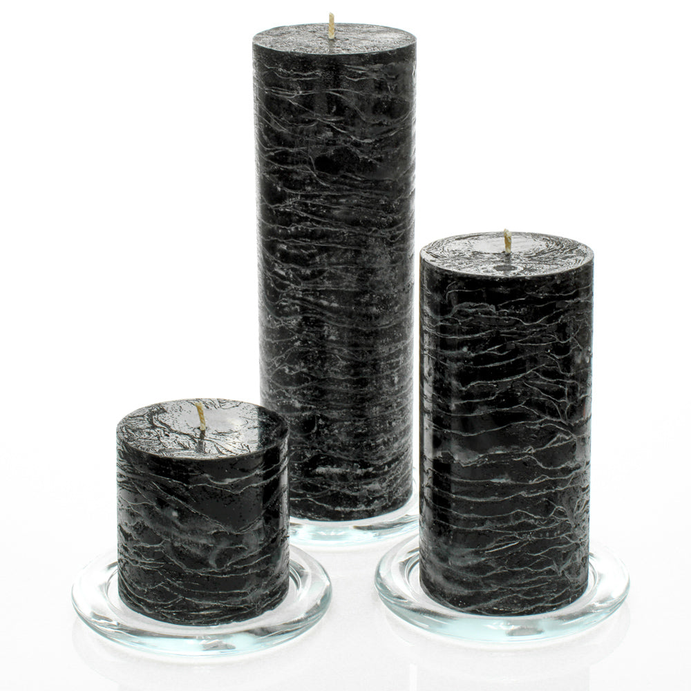 Richland Rustic Pillar Candle 3" x "3, 3" x 6" & 3"x 9" Black Set of 3