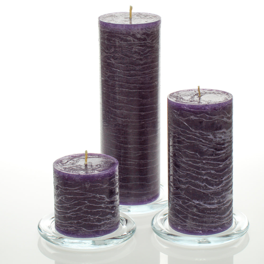 Richland Rustic Pillar Candle 3" x "3, 3" x 6" & 3"x 9" Purple Set of 3