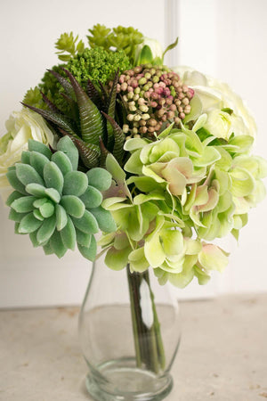 faux hydrangea rose succulent bouquet in green and white 12 tall
