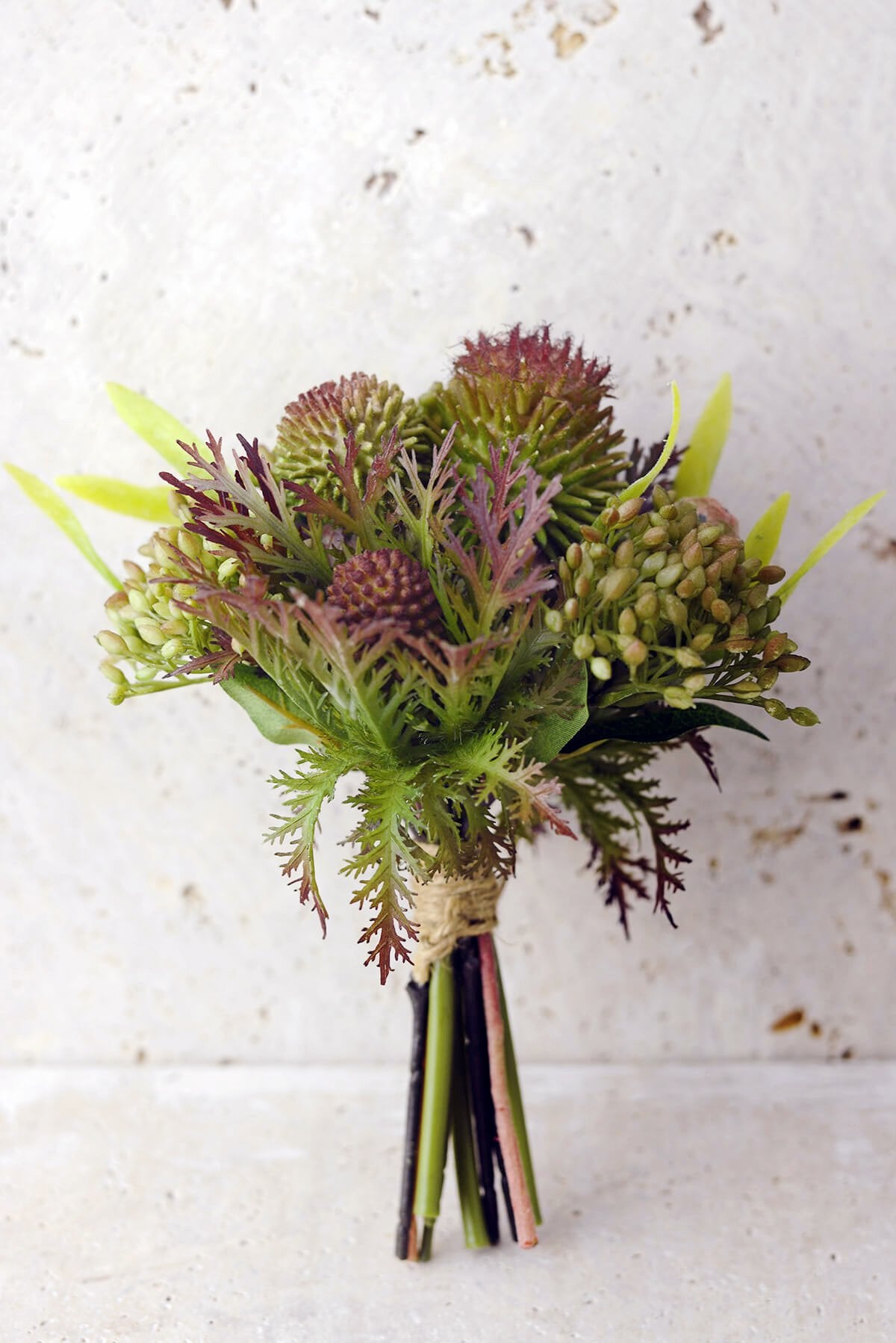 Artificial Protea, Thistle, and Sedum Bouquet in Green Burgundy - 7.5" Tall