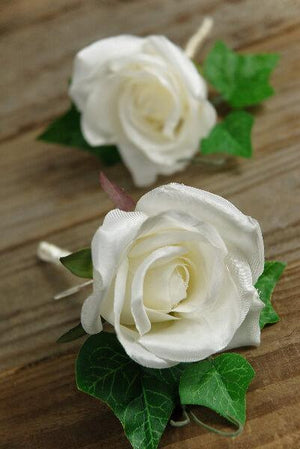 Silk Rose Boutonnieres White  Set of 2