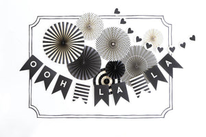 Black & Ivory Party Decorations, MME Party Fans Collection, Photo Backdrops, Party Rosette Pinwheels