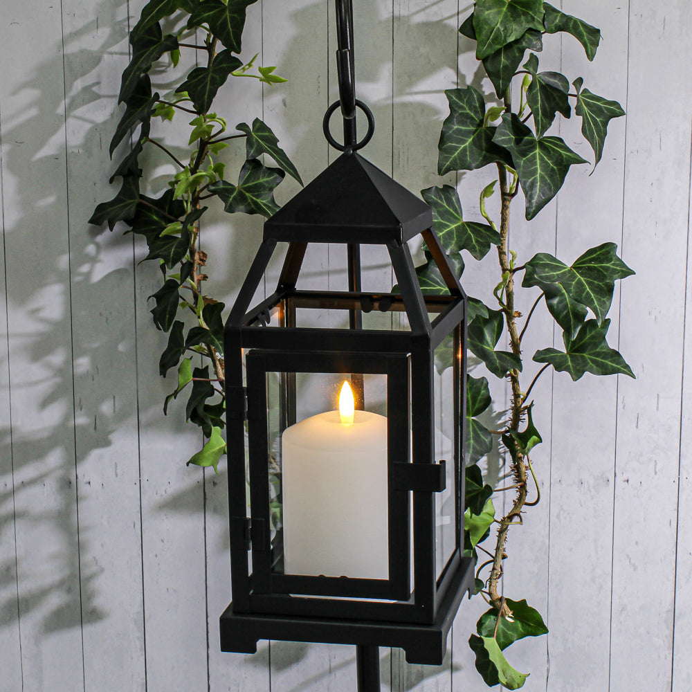 Richland Black Contemporary Metal Lantern with Clear Glasses - Small