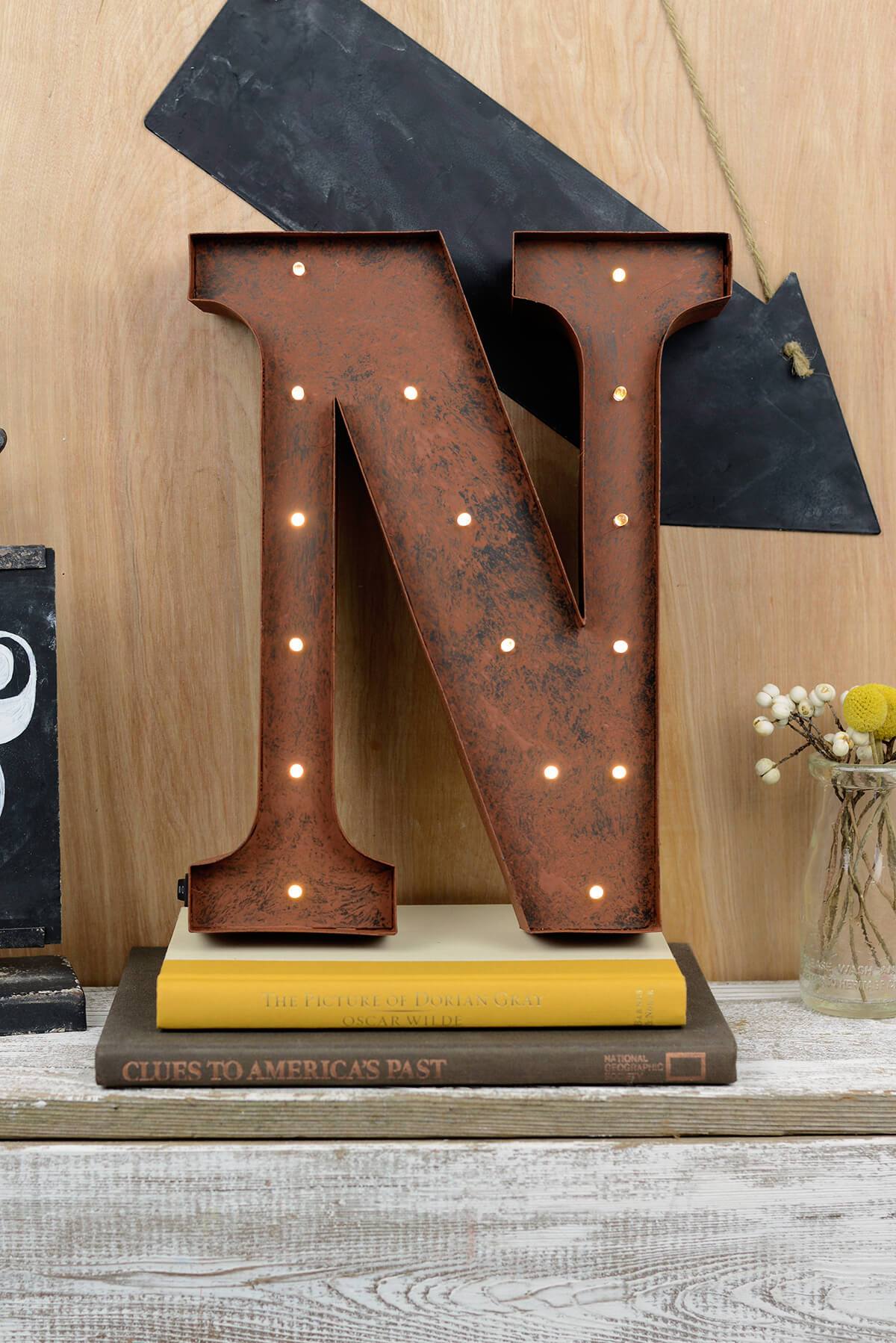Marquee Letters 12in "N" LED Lighted Metal Letter with Rustic Brown Finish, Battery Operated