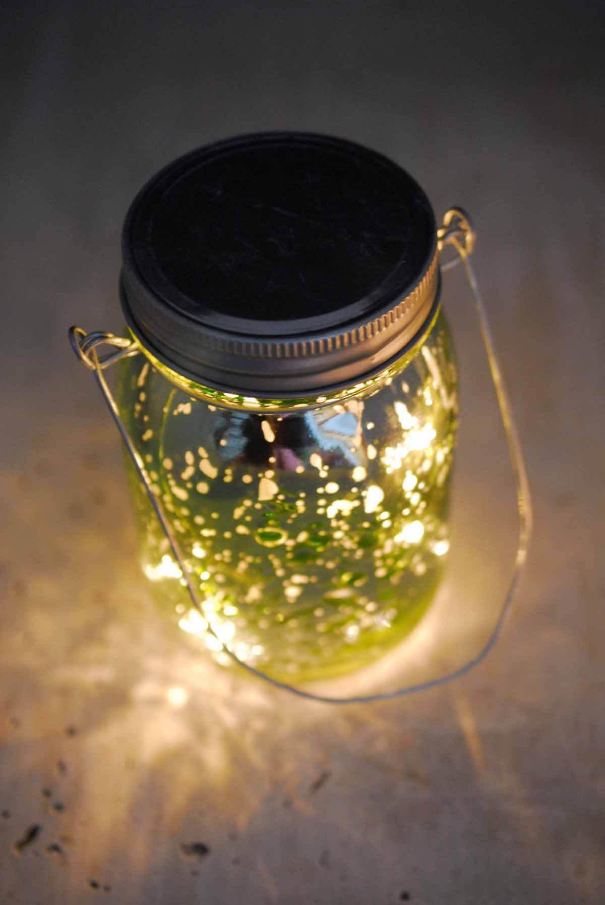 Green Mercury Glass Mason Jar 5.25" with LED Lights Battery Operated