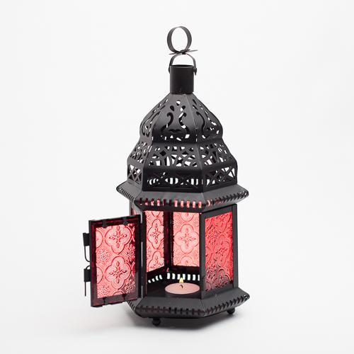 Richland Hanging Moroccan Metal Lantern with Red Embossed Glass