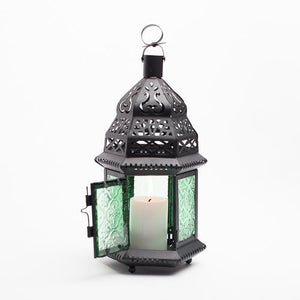 Richland Hanging Moroccan Metal Lantern with Green Embossed Glass