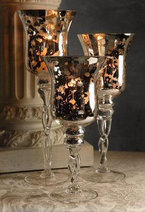 3 Silver Mercury Glass Pedestal Candle Holders  16", 14", 12"
